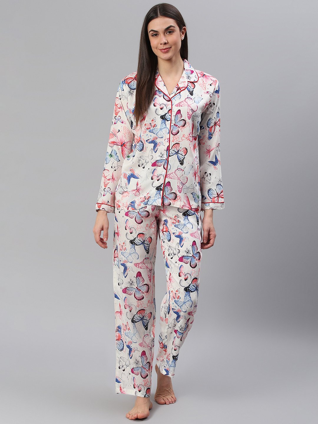 Cation White Butterfly Print Night Suit