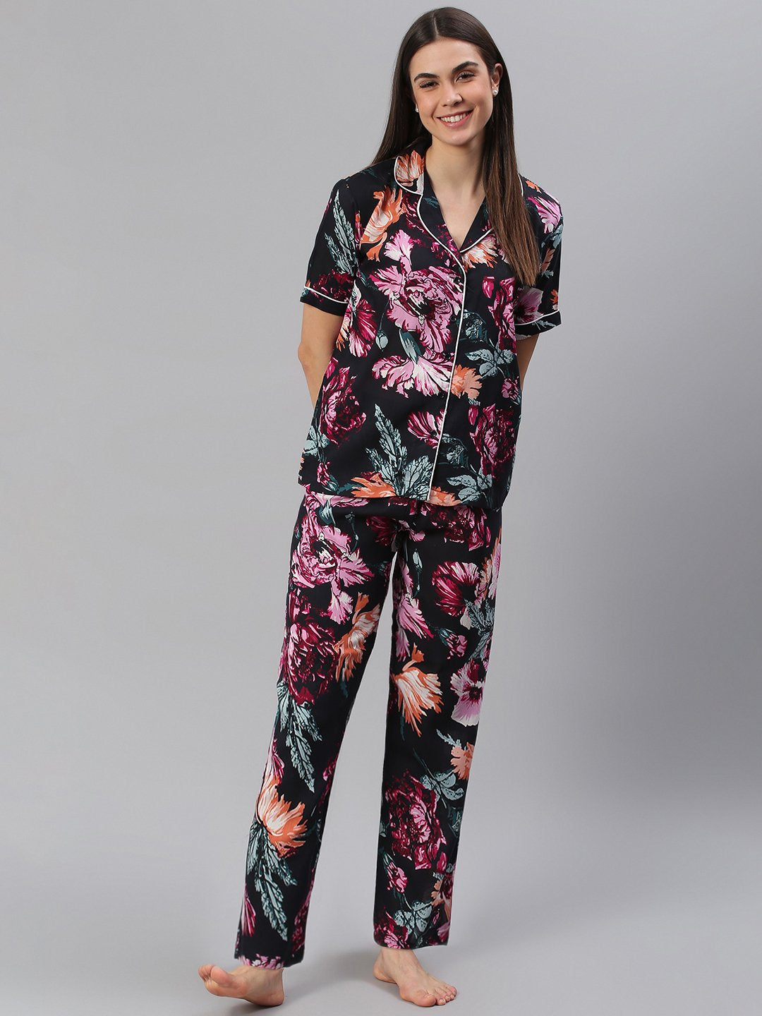 Cation Black Floral Night Suit