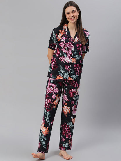 Cation Black Floral Night Suit