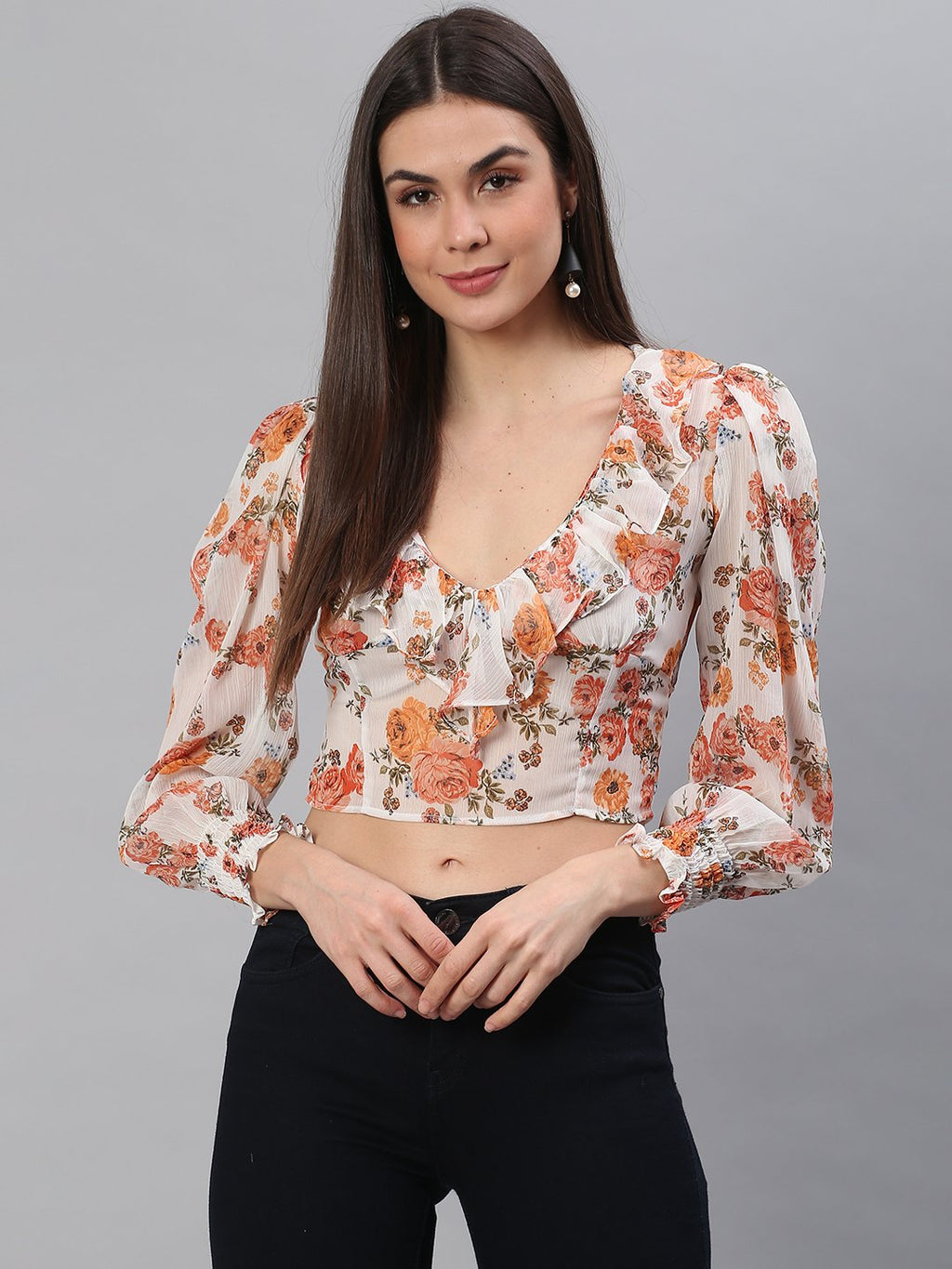 White Orange Floral Top