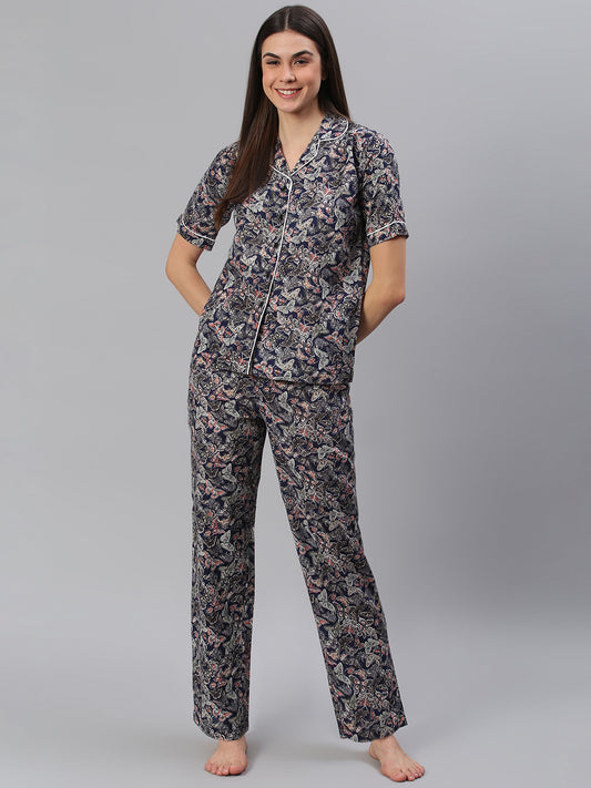 Cation Navy Printed Night Suit