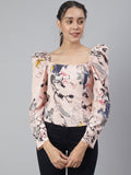 SCORPIUS Beige Puff Sleeve Printed top