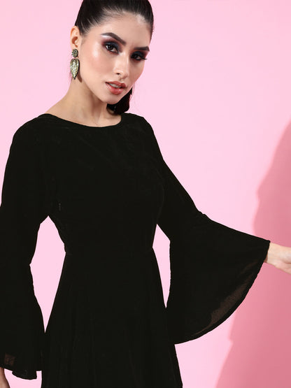 SCORPIUS Velvet Black Frill sleeve dress