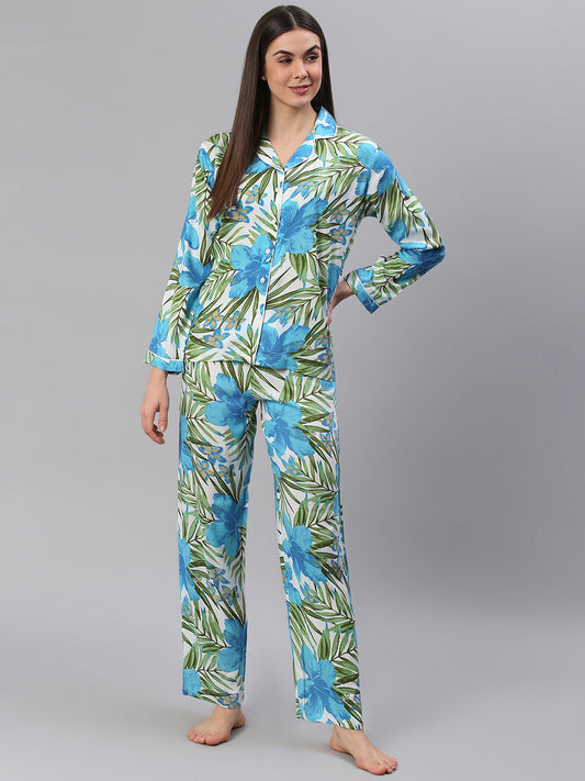 Cation Blue Tropical Print Night Suit