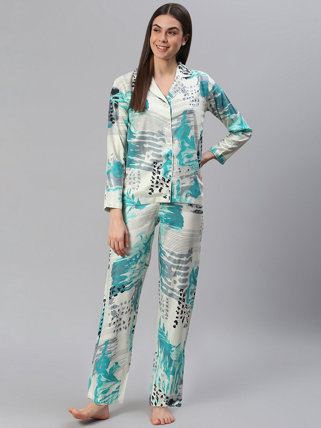 Cation White Blue Printed Night Suit