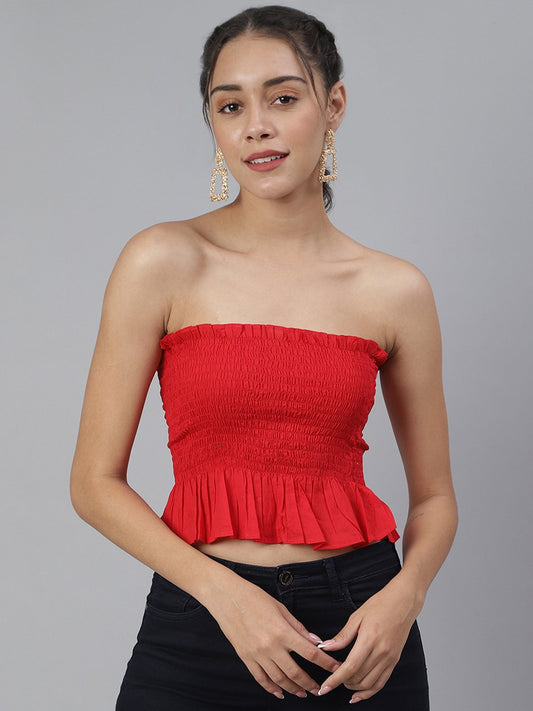 SCORPIUS Red Smocked off shoulder crop top