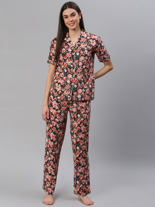 Cation Black Floral Night Suit