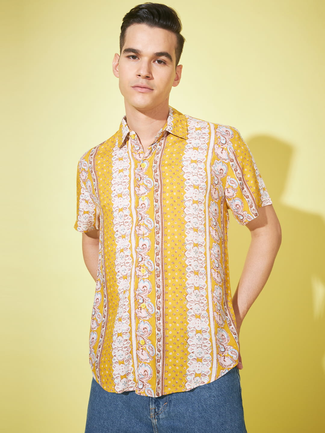 Majestic Splendor: Mustard Yellow Royal Printed Shirt
