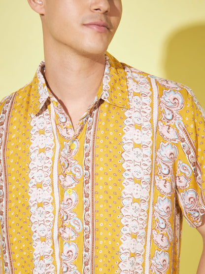 Majestic Splendor: Mustard Yellow Royal Printed Shirt