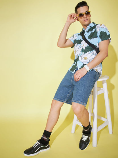 Heavenly Blooms: Sky Blue Floral Print Shirt