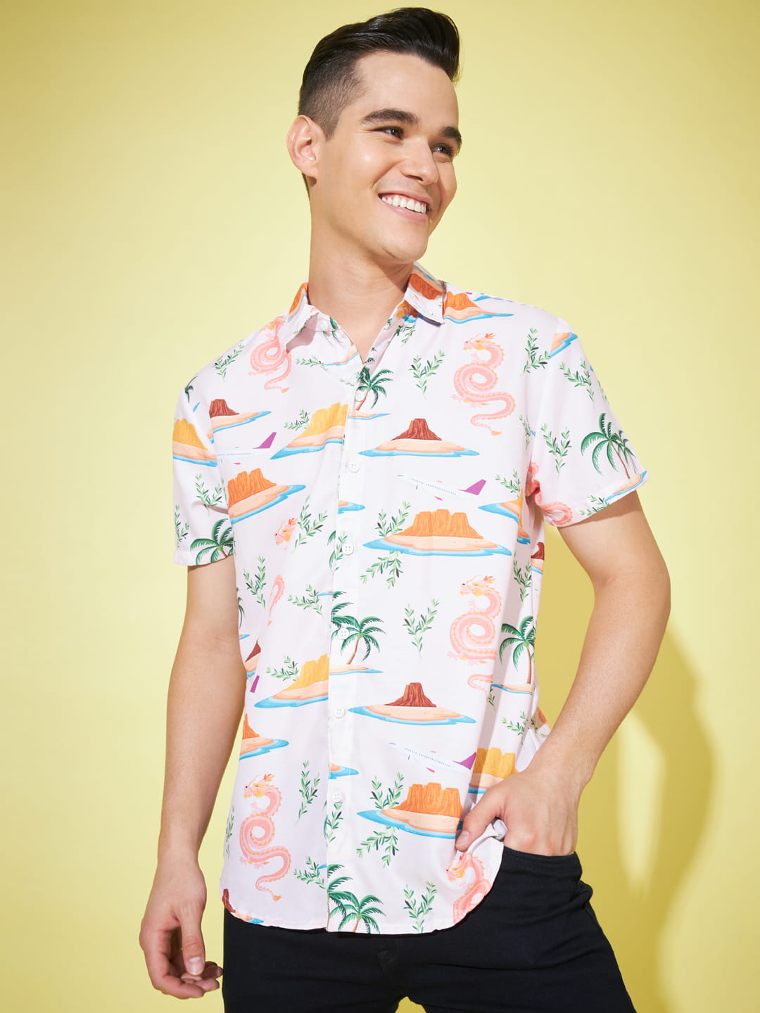 Mythical Elegance: Off White Dragon Print Shirt