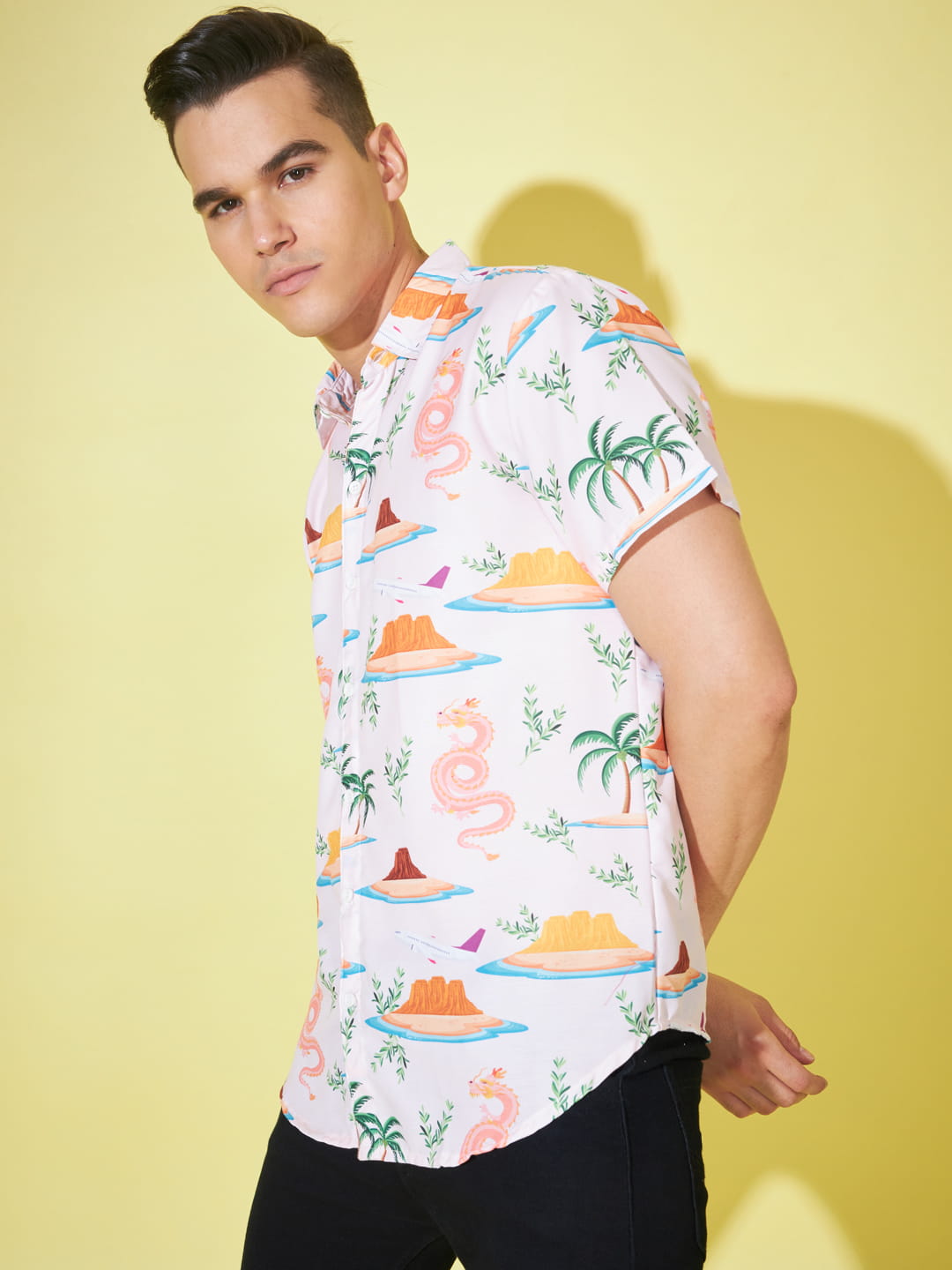 Mythical Elegance: Off White Dragon Print Shirt