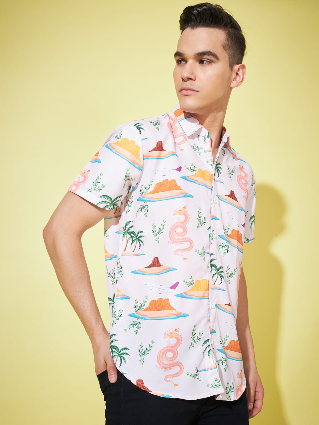 Mythical Elegance: Off White Dragon Print Shirt