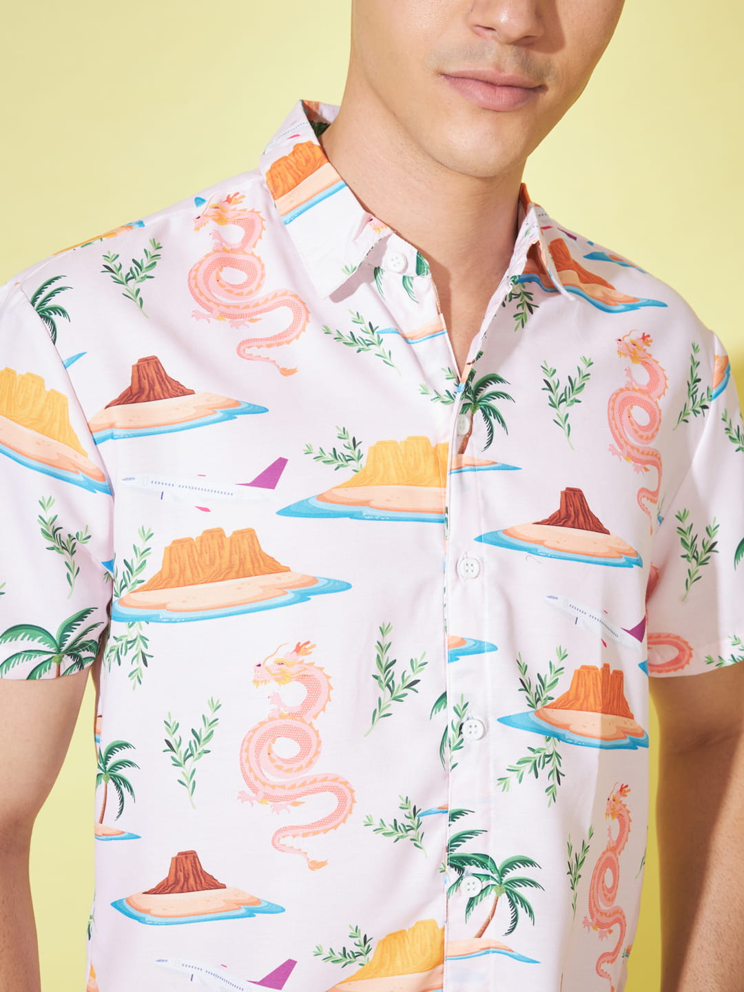 Mythical Elegance: Off White Dragon Print Shirt