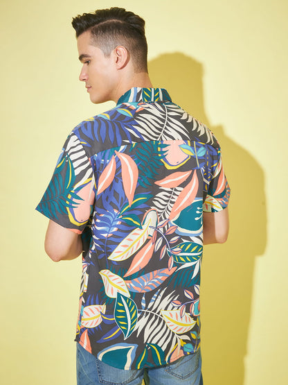 Azure Paradise: Dark Blue Tropical Print Shirt