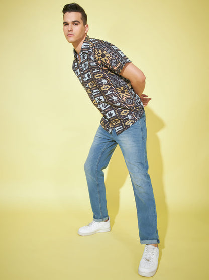 Obsidian Charisma: Super Dark Grey Printed Shirt