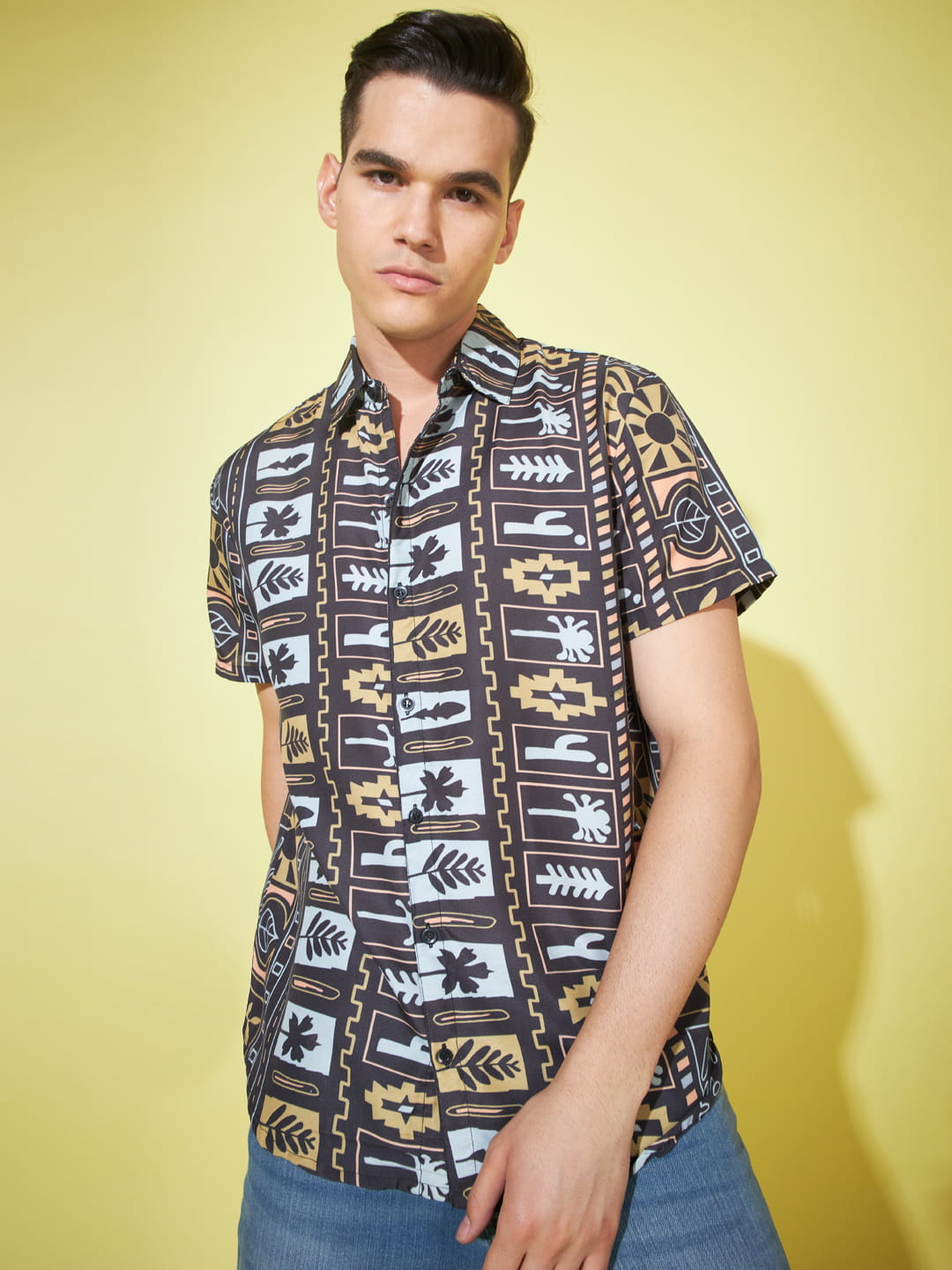 Obsidian Charisma: Super Dark Grey Printed Shirt