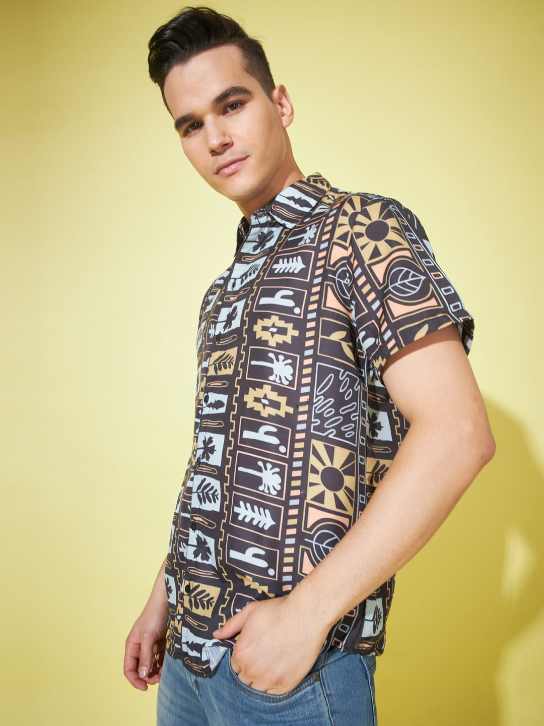 Obsidian Charisma: Super Dark Grey Printed Shirt