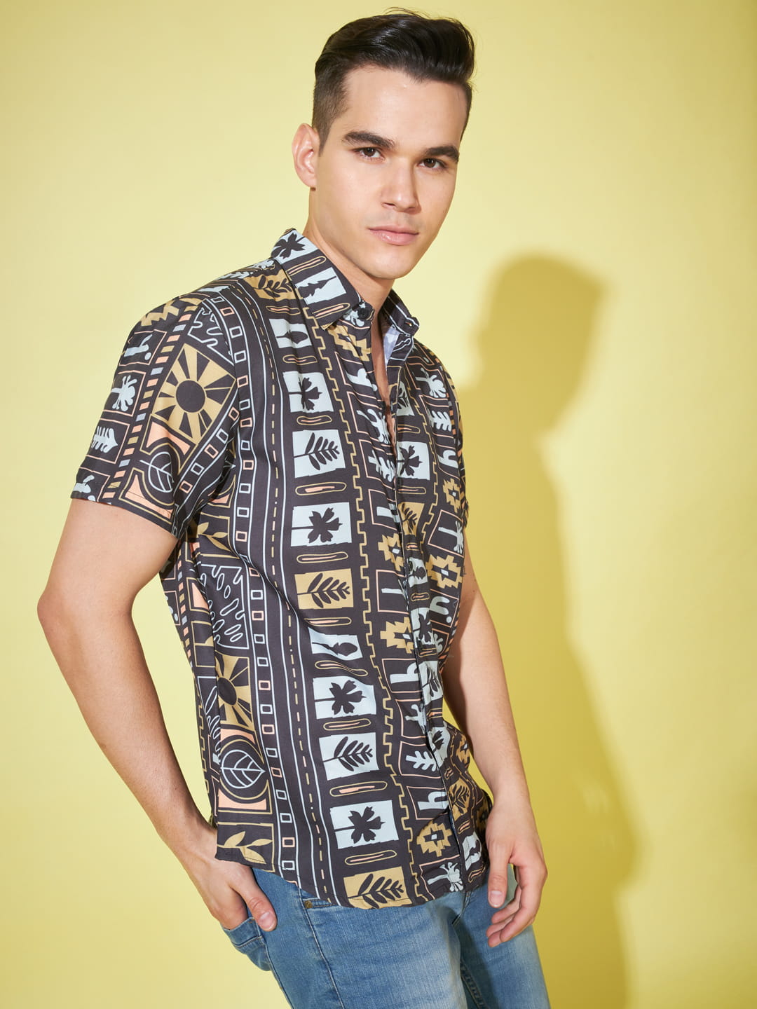Obsidian Charisma: Super Dark Grey Printed Shirt