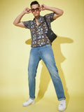 Obsidian Charisma: Super Dark Grey Printed Shirt