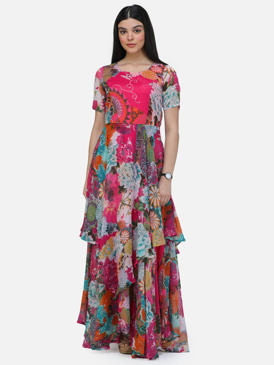 SCORPIUS Pink Printed Half sleeve Layered dress