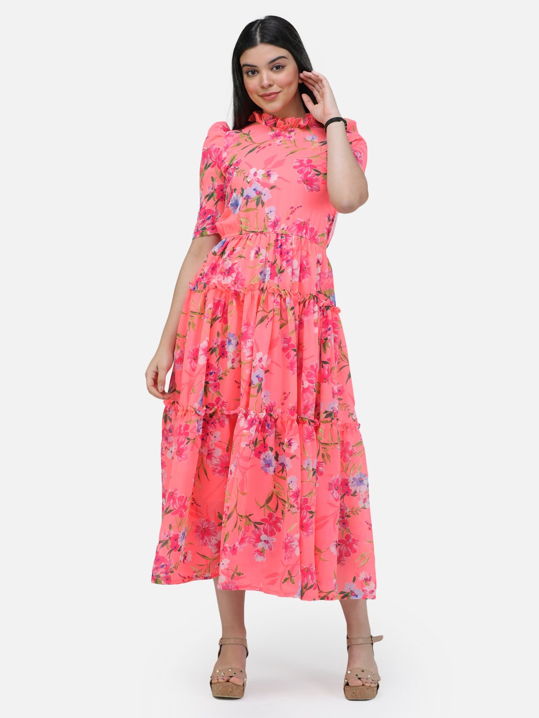 SCORPIUS fluorescent Printed puff sleeved dress