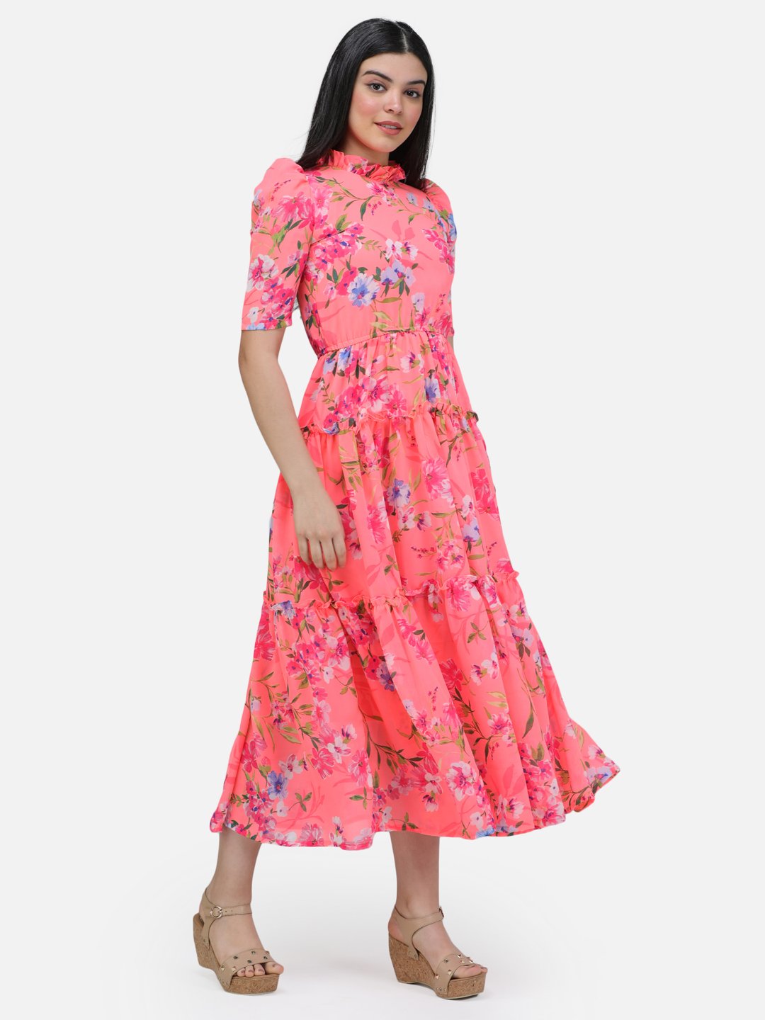 SCORPIUS fluorescent Printed puff sleeved dress