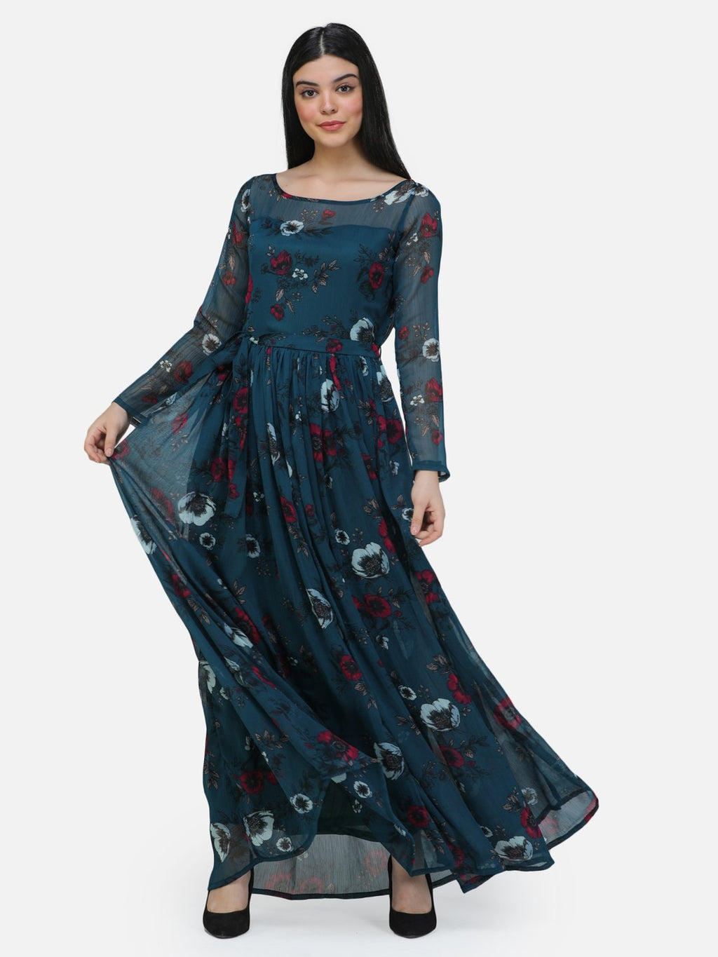 SCORPIUS Teal chiffon printed fullsleeve