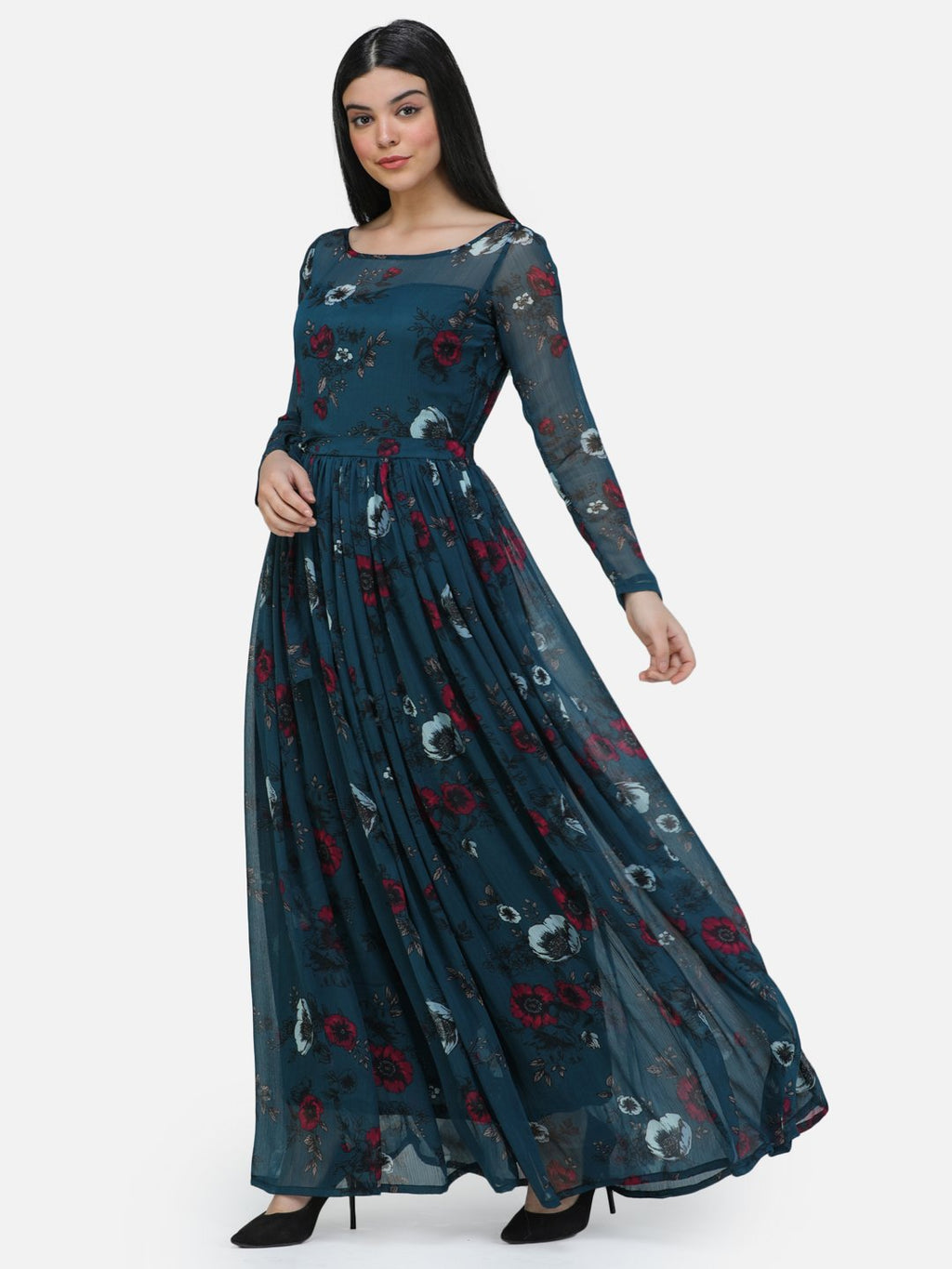 SCORPIUS Teal chiffon printed fullsleeve