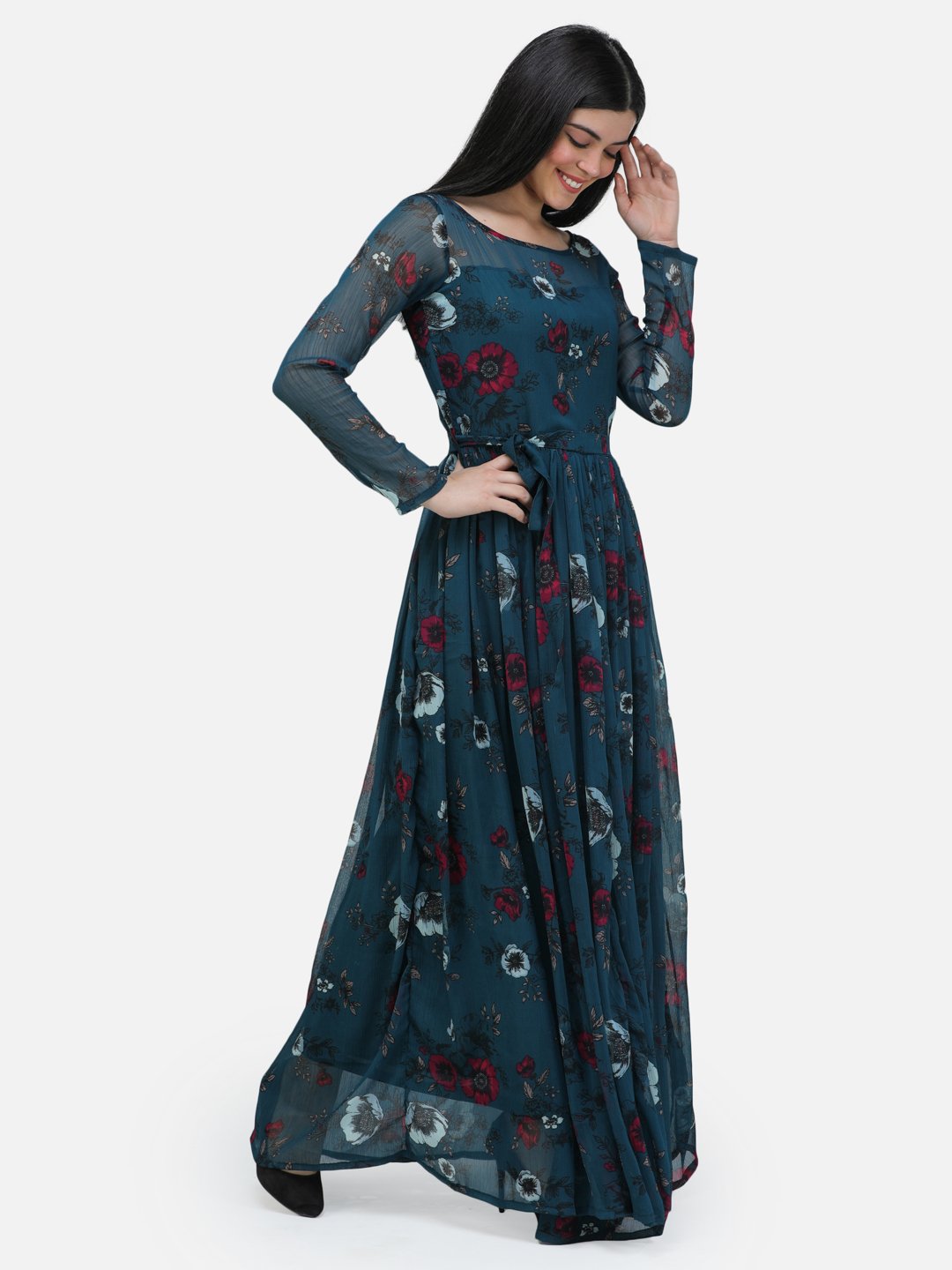 SCORPIUS Teal chiffon printed fullsleeve