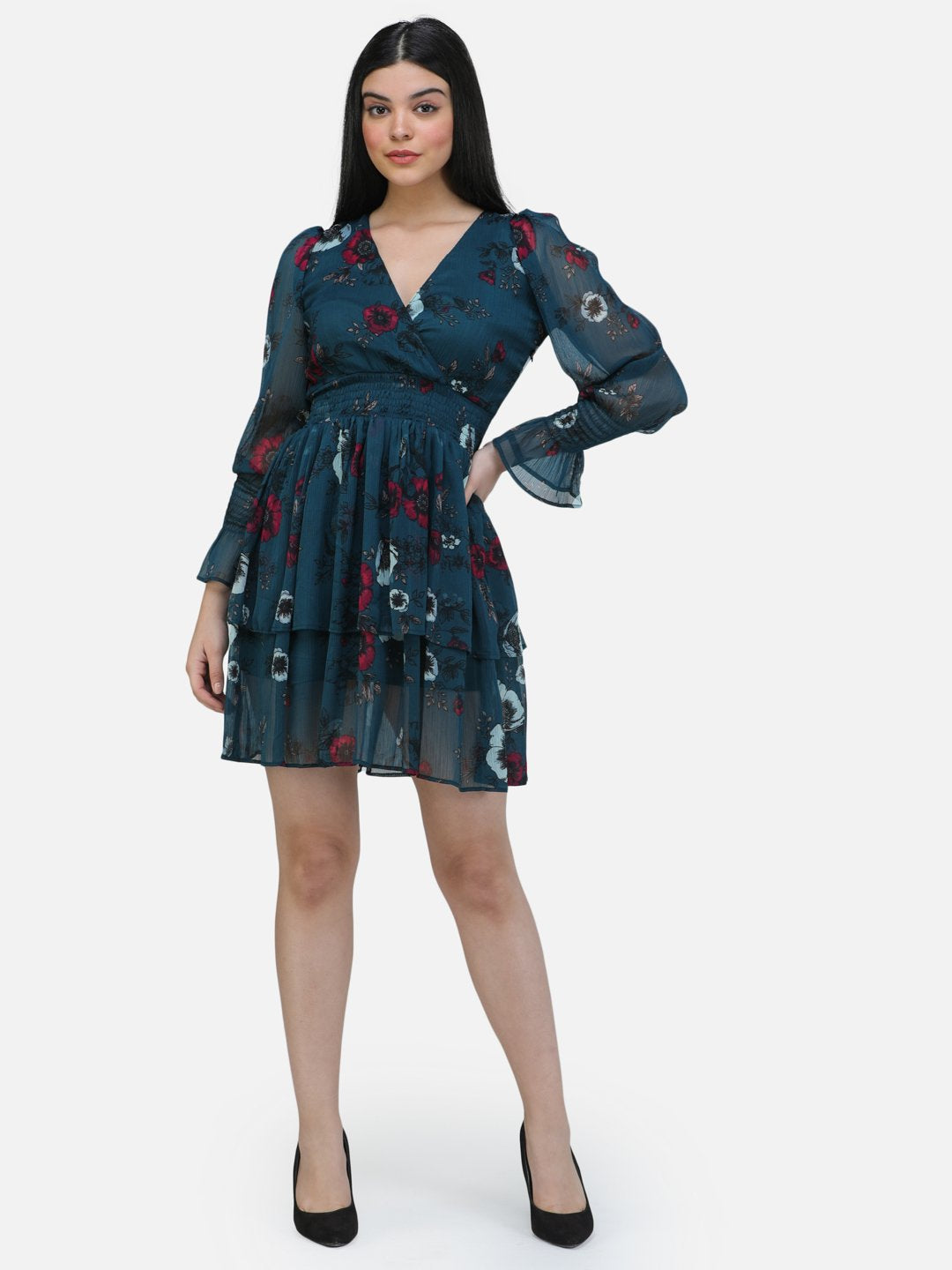 SCORPIUS Teal Chiffon printed knee length Dress