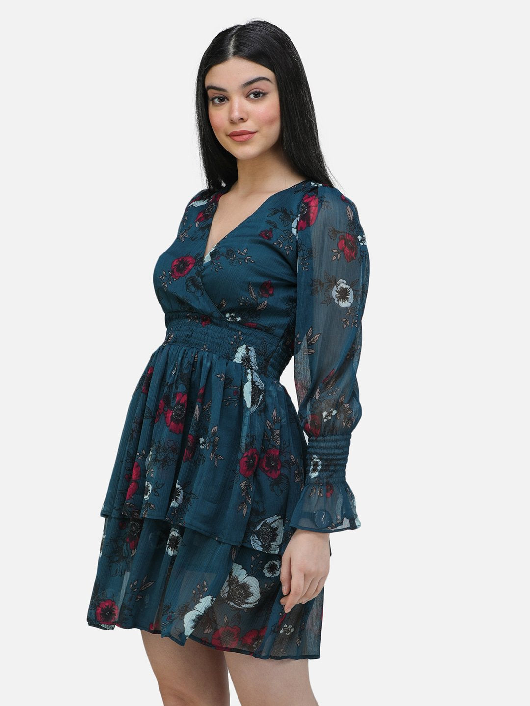 SCORPIUS Teal Chiffon printed knee length Dress