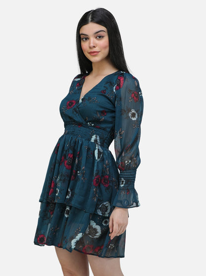 SCORPIUS Teal Chiffon printed knee length Dress