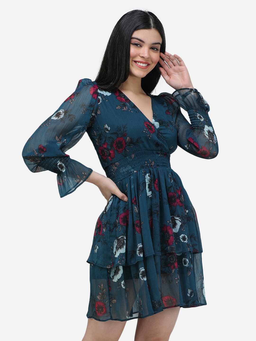 SCORPIUS Teal Chiffon printed knee length Dress