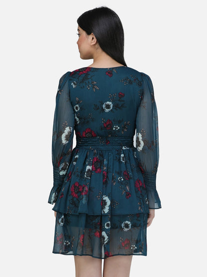 SCORPIUS Teal Chiffon printed knee length Dress