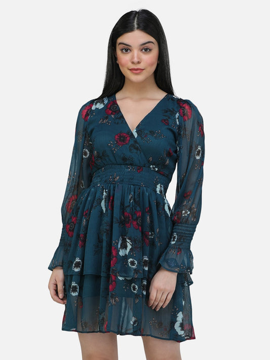 SCORPIUS Teal Chiffon printed knee length Dress