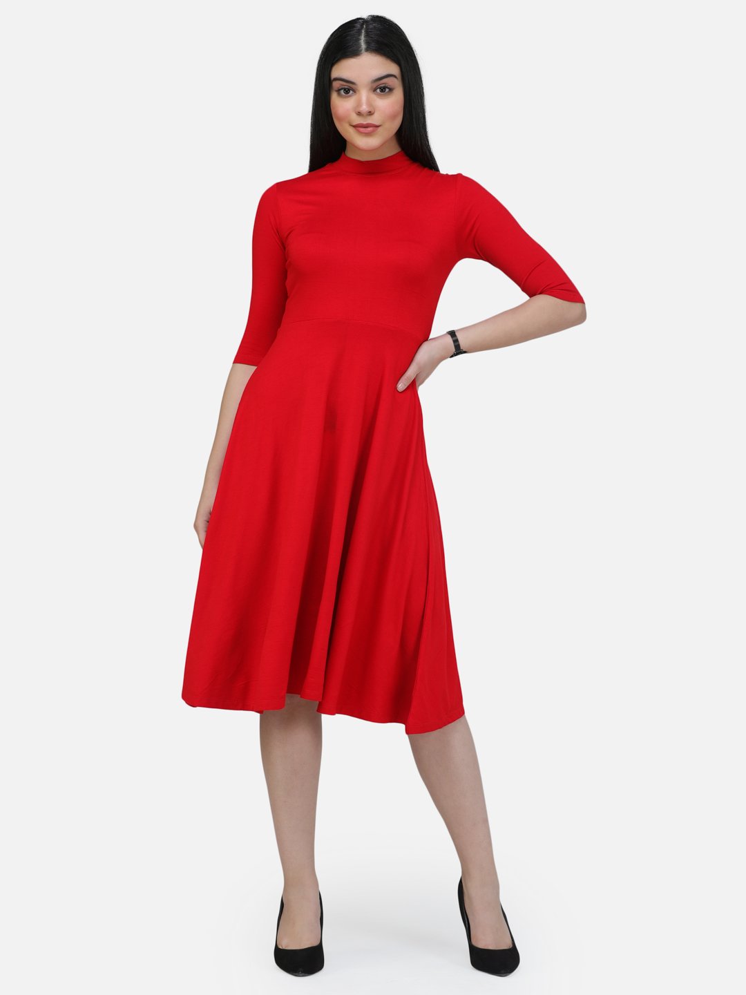 SCORPIUS Solid Red High Neck Dress