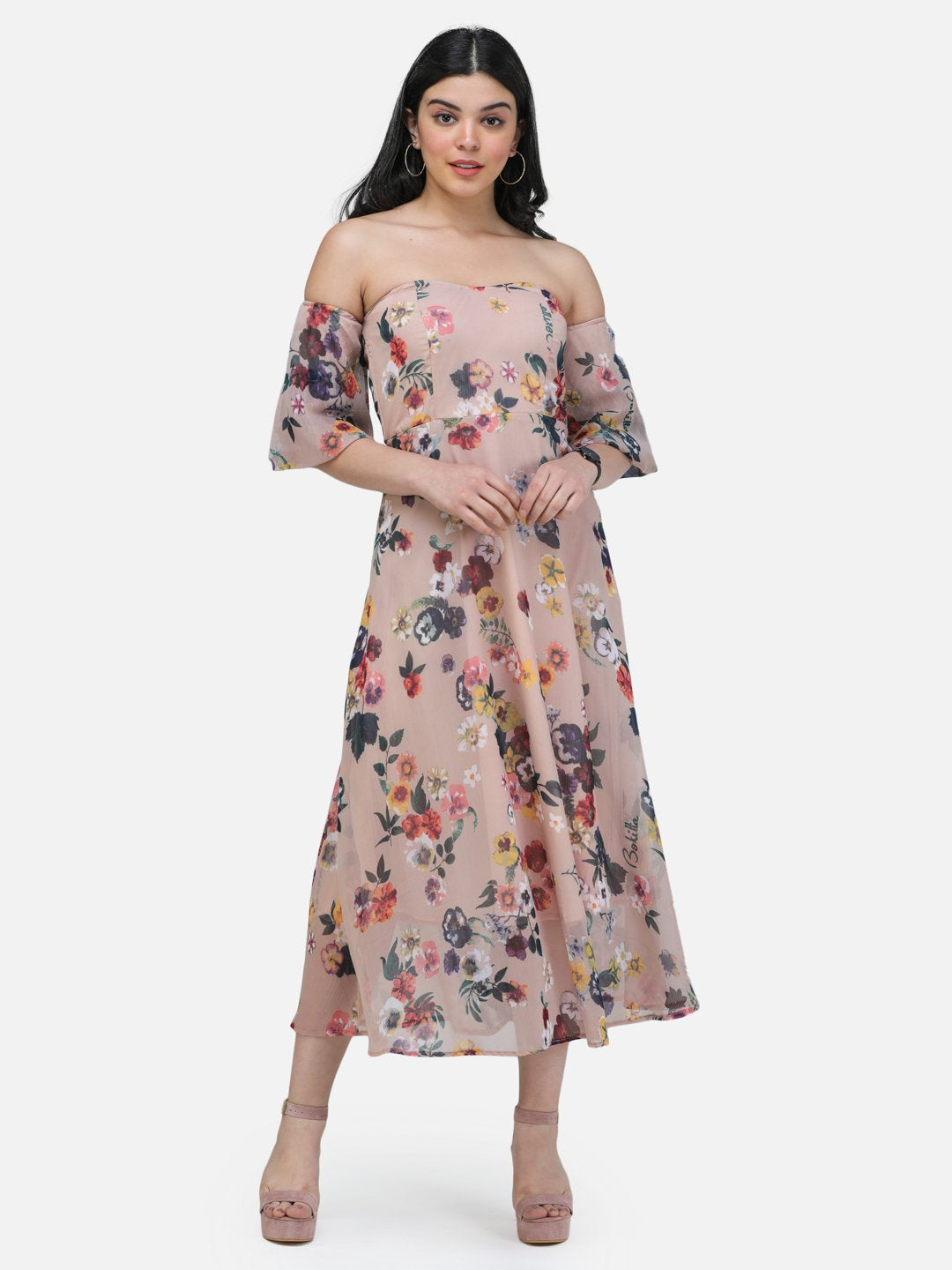 SCORPIUS Offshoulder Beige printed long dress