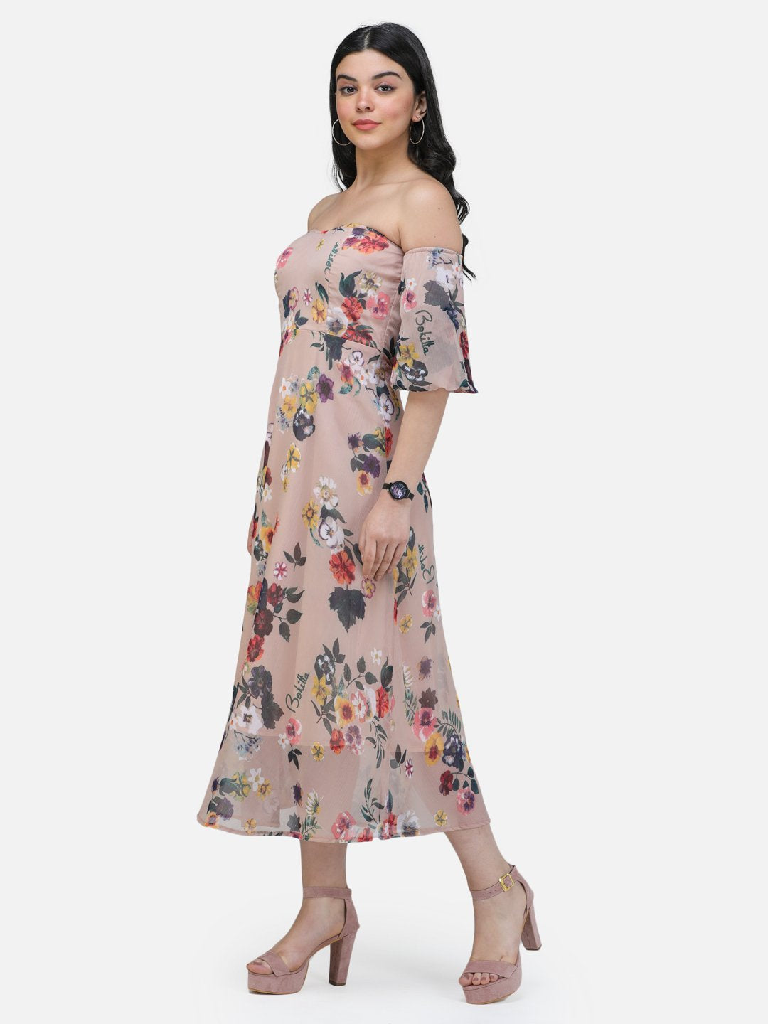 SCORPIUS Offshoulder Beige printed long dress