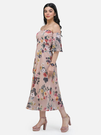 SCORPIUS Offshoulder Beige printed long dress