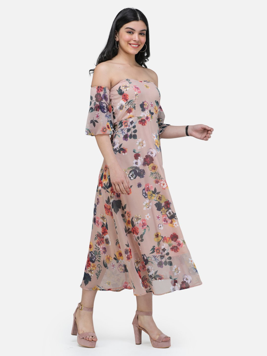 SCORPIUS Offshoulder Beige printed long dress