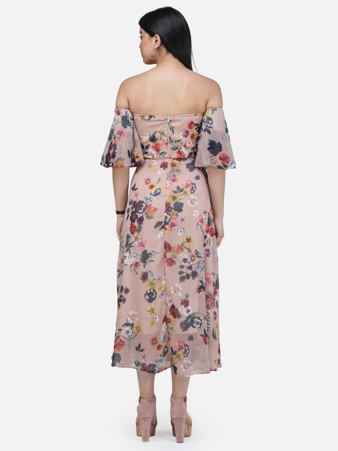 SCORPIUS Offshoulder Beige printed long dress