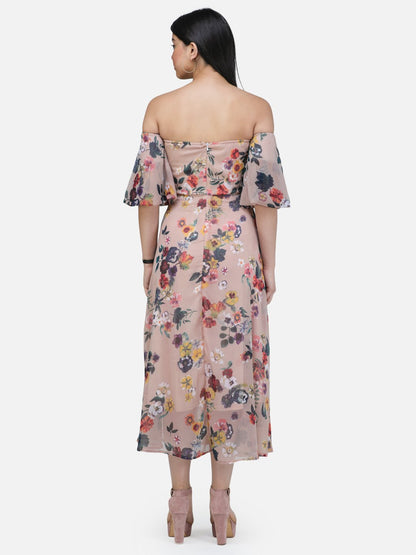 SCORPIUS Offshoulder Beige printed long dress