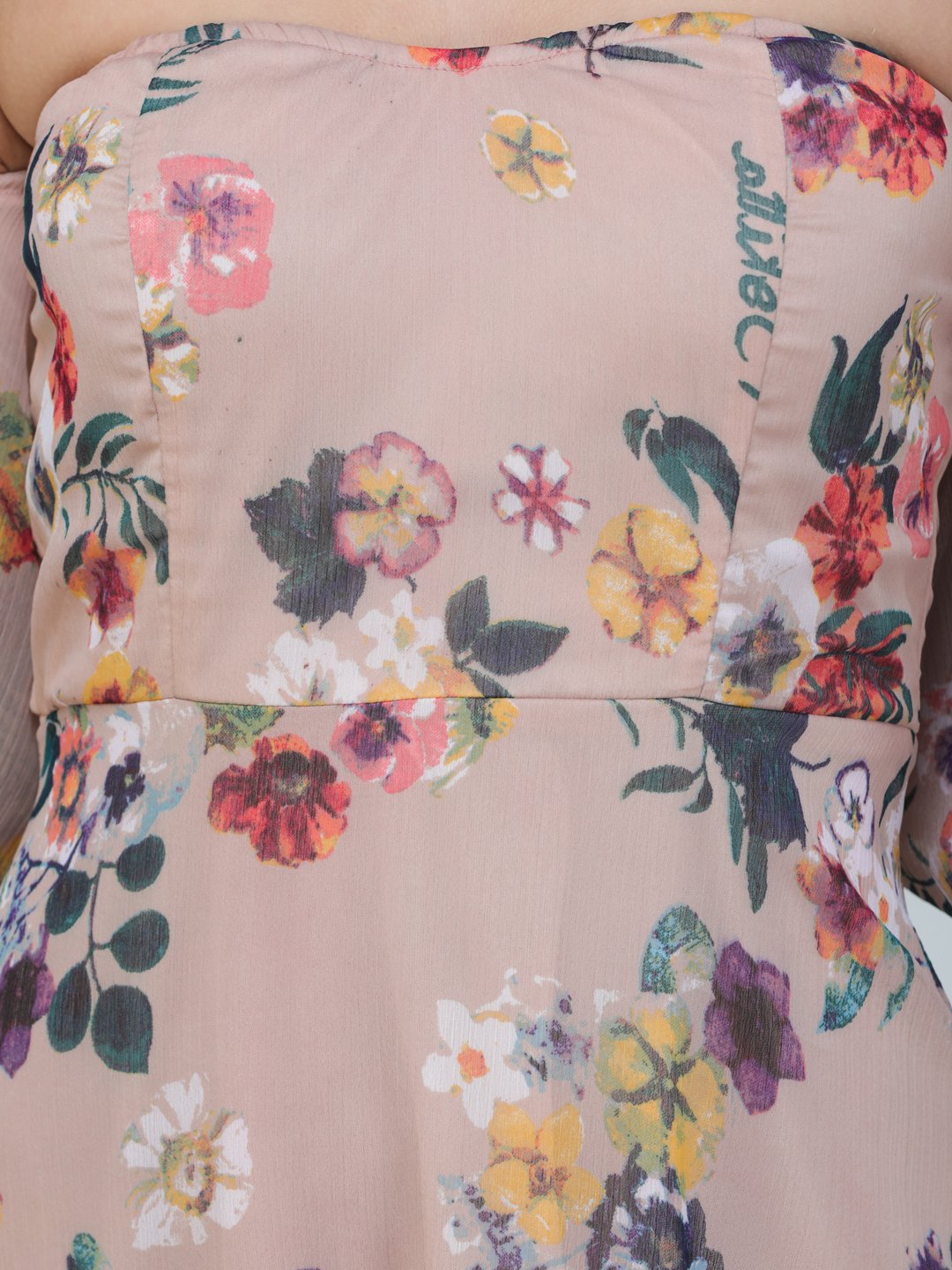 SCORPIUS Offshoulder Beige printed long dress