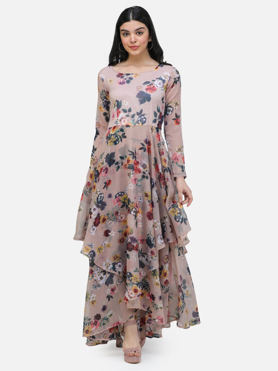 SCORPIUS Beige Printed Full sleeve Layered dress