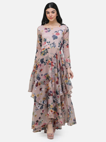 SCORPIUS Beige Printed Full sleeve Layered dress