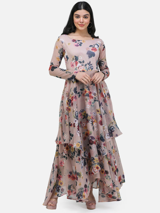 SCORPIUS Beige Printed Full sleeve Layered dress