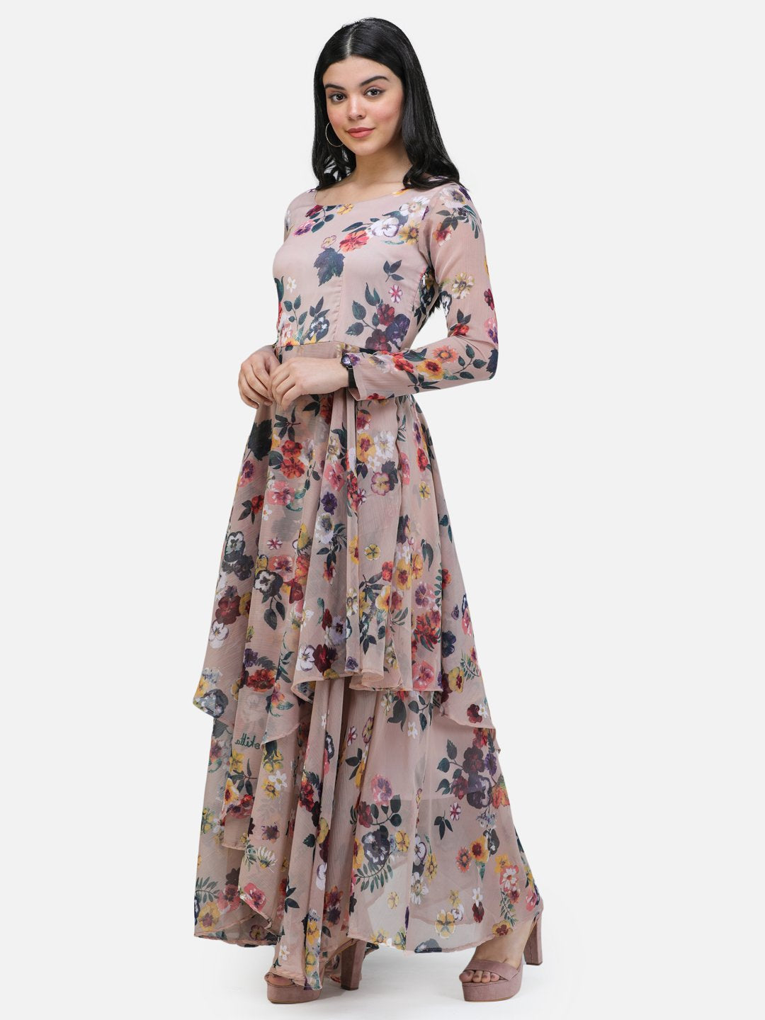 SCORPIUS Beige Printed Full sleeve Layered dress