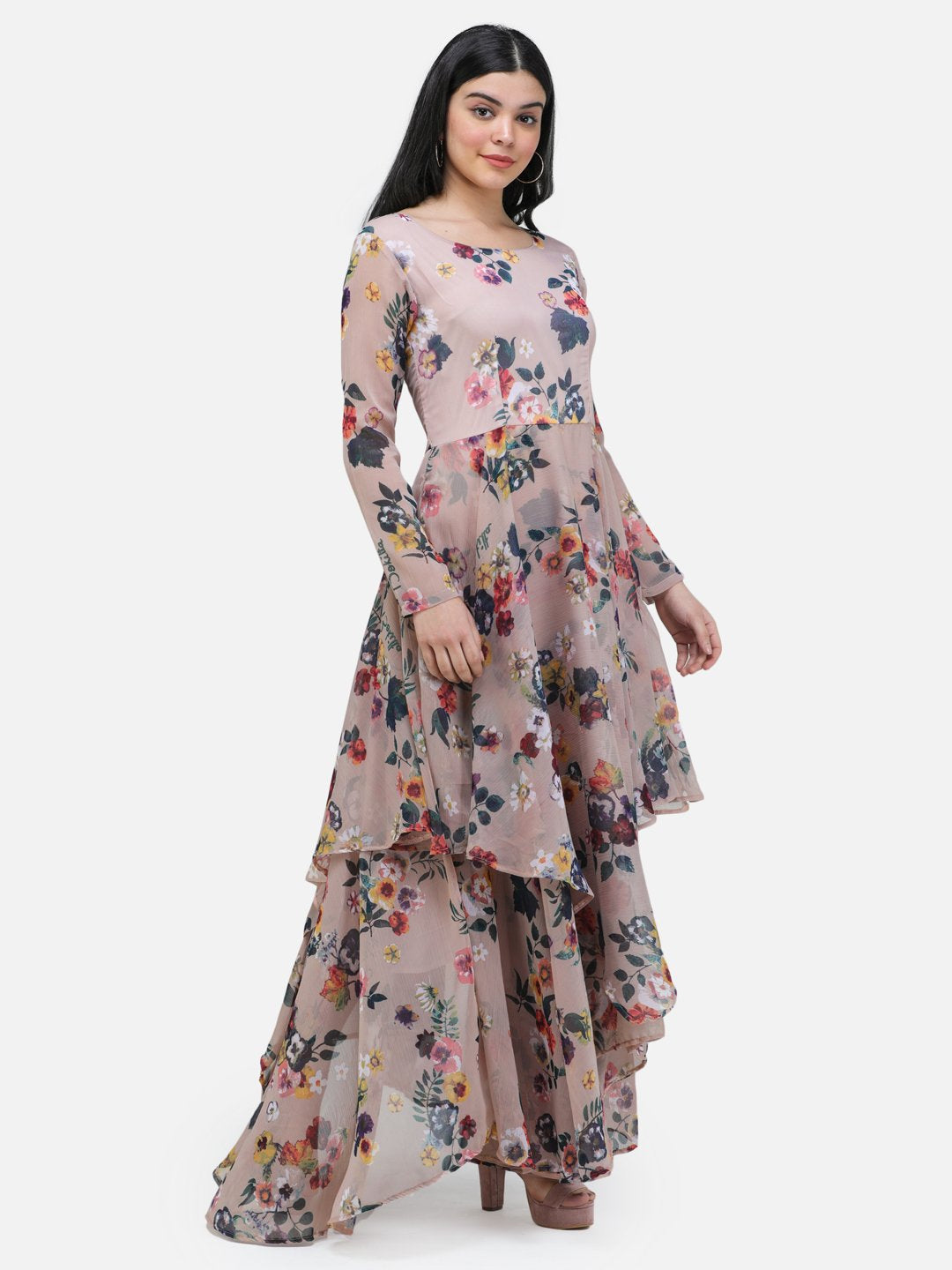 SCORPIUS Beige Printed Full sleeve Layered dress