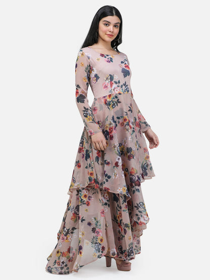 SCORPIUS Beige Printed Full sleeve Layered dress